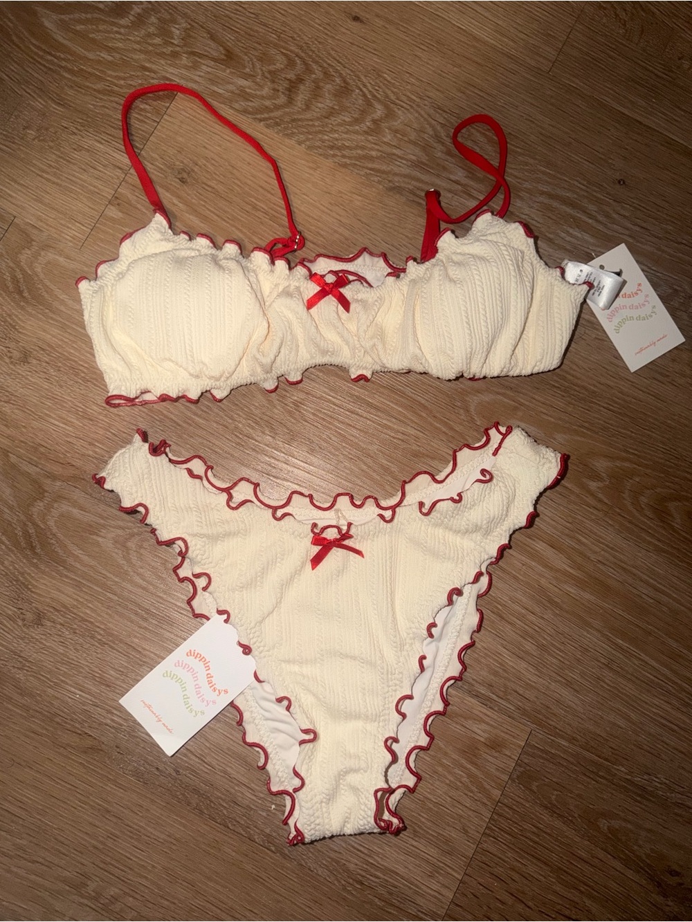 Dippin' Daisy's Cream Bikini Set with Red Trim